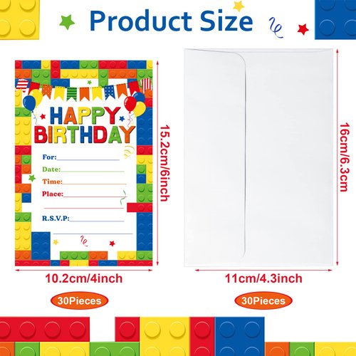 Nezyo 30 Pack Birthday Party Invitations with Envelopes Bulk Colorful Building Block Invitation Kids Stacking Bricks Invite Card Set Girls Boy Decorations Supplies