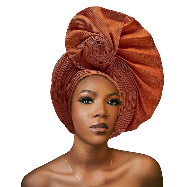SugeGasa Auto Gele Headtie Already Made African Head Wraps For Women Turban Gelee Nigerian Aso Oke Bonnet Femme Headgear Fashion Headbands 1set (Orange)
