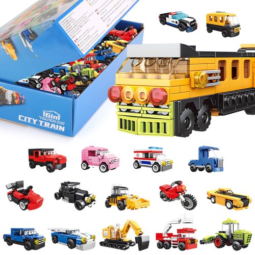 IAMGlobal 16 Mini Vehicles Building Blocks Toy Set, Vehicles Set Stem Toys, Party Supplies Gifts Party Favor for Kids, Birthday, Carnival Prizes