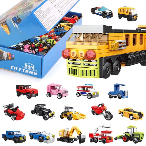 IAMGlobal 16 Mini Vehicles Building Blocks Toy Set, Vehicles Set Stem Toys, Party Supplies Gifts Party Favor for Kids, Birthday, Carnival Prizes