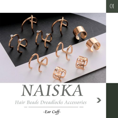 NAISKA 24PCS Gold Hair Jewelry for Braids with Crystal Rhinestone Loc Dreadlock Beads Accessories Earring Non-Piercing Ear Cuffs Clip Jewelry for Women Men Hair Accessories Braids