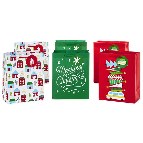 Hallmark 9" Medium Christmas Gift Bag Bundle (Pack of 6; Little Houses and Trees, Merriest Christmas, Vintage Van with Christmas Trees) -