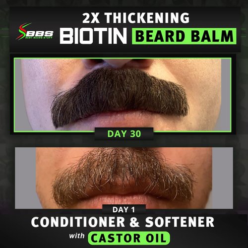 2X Thickening Biotin Beard Balm & Mustache Wax - Vegan Leave-In Conditioner, Natural Softener, Moisturizer with Castor Oil - All-Natural Care for Thicker Facial Hair Growth - USA Made