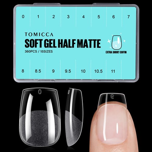 TOMICCA Extra Short Coffin Nail Tips 360Pcs Full Cover Gel Nails, Soft Acrylic Gel Nail Tips for Nail Extension, 15 Sizes Pre-shaped Half Matte Fake Gel Nail Tips for Beginner DIY Nail Salon