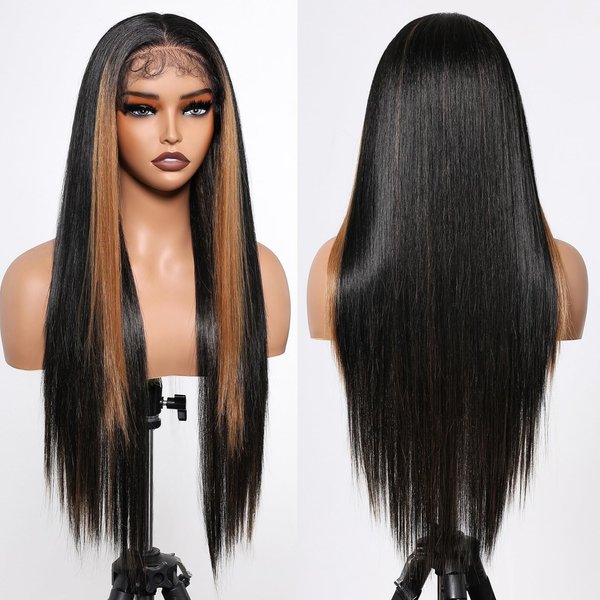 Allbell Synthetic Lace Front Wig 28Inch Long Black Wigs for Women 13×4 Frontal HD Lace Wig with Baby Hair Brown Skunk Stripe Wig Heat Resistant Fiber