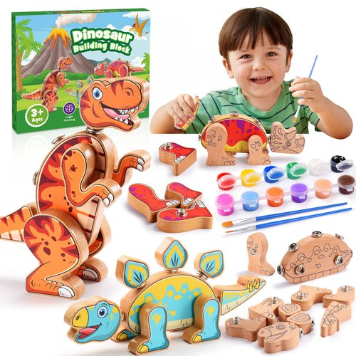 Dinosaur Building Toys, DIY Coloring Snap Together Building Blocks Wooden Take Apart Dinosaur Playset, STEM Montessori Educational Fine Motor Skill Learning Filling Toys for 3 4 5 Years Old Boys Girls