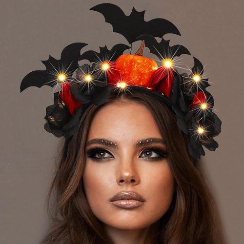 CAKURE Light Up Halloween Headband Led Glow Pumpkin Hairhoop Flash Bat Hair Band Rose Flower Headbands Light Up Hair Accessories for Women and Girls