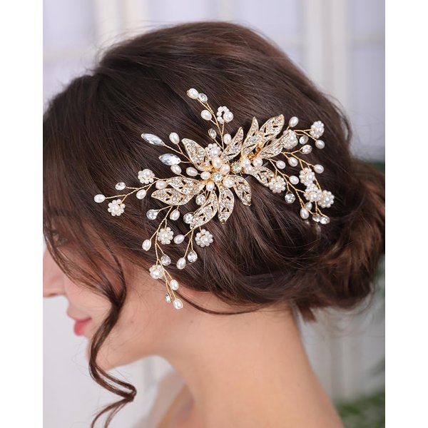 Rumtock Sparkle Gold Leaf with Rhinestone Beads Pearl Hair Comb for Women Girls Handmade Hair Piece Prom Banquet Wedding Bridal Jewelry