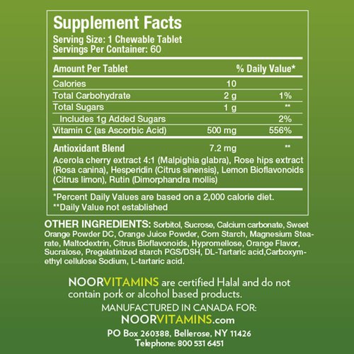 Noor Vitamins 500 MG Halal Vitamin C Chewable Tablets + Rose HIPS and Antioxidants I Supports Immune System I Vegan, Gluten Free & Halal Vitamin 60 Orange Flavored Chewable Tablets I 2 Month Supply