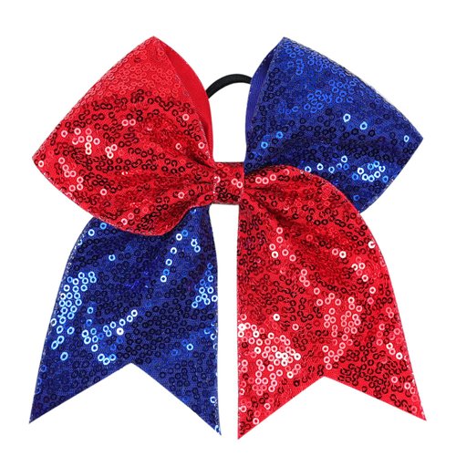 JustMyDress Girls Cheer Bow Ponytail Holder Big Hair Bow Tie with Glitter Sequins Bowknot JB80 (B3-Blue Red)