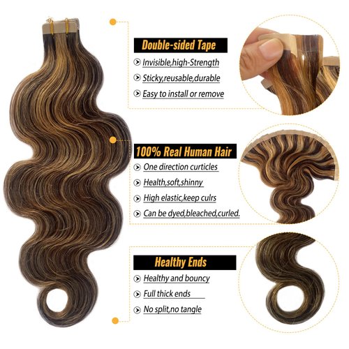 Body Wave Tape in Hair Extensions Human Hair, Medium Brown Balayage Cameral Blonde Highlights Tape in Hair Extensions for Women Seamless PU Skin Weft Tape ins Human Hair Extensions 24 Inch 50g 20pcs