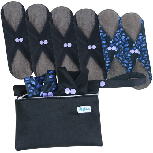 Leekalos Reusable Menstrual Pads - Bamboo Menstrual Cloth Pads | Light Incontinence Pads | Reusable Sanitary Pads - Pack of 6, 1 Cloth Mini Wet Bag (M, Black Flower)