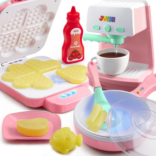 Play Kitchen Toys with Realistic Lights& Sounds, Pretend Play Toy Set for Girls Boys, Color Changing Breakfast Play Set, Christmas Birthday Gift for Kids, Pink