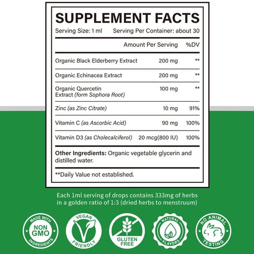 Organic Echinacea Elderberry Quercetin with Zinc Vitamin C D3, 6 in 1 Liquid Supplements for Immune Support, Vegan, Non-GMO, Gluten Free - 1 Fl Oz