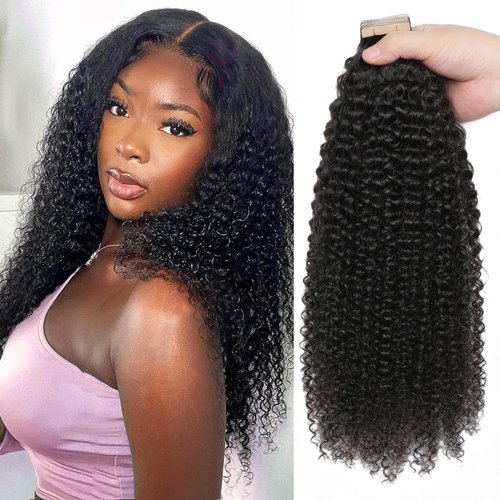 Hotlulana 60pcs Tape in Hair Extensions Human Hair Full Head 3c 4a Kinky Curly Human Hair Tape ins for Black Women Invisible Seamless Skin Weft Curly Hair Extensions 22 Inch 150g