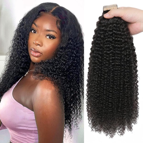 Hotlulana 60pcs Tape in Hair Extensions Human Hair Full Head 3c 4a Kinky Curly Human Hair Tape ins for Black Women Invisible Seamless Skin Weft Curly Hair Extensions 22 Inch 150g