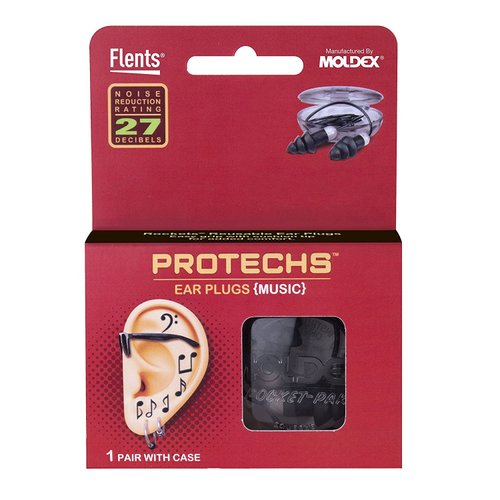 Flents Protechs Reusable Music Ear Plugs, Perfect For Concerts, Reduces Pressure And Background Noise, 1 Pair With Travel Size Case, Easy Use With Comfort Fit, NRR 27, Black, Made In The USA