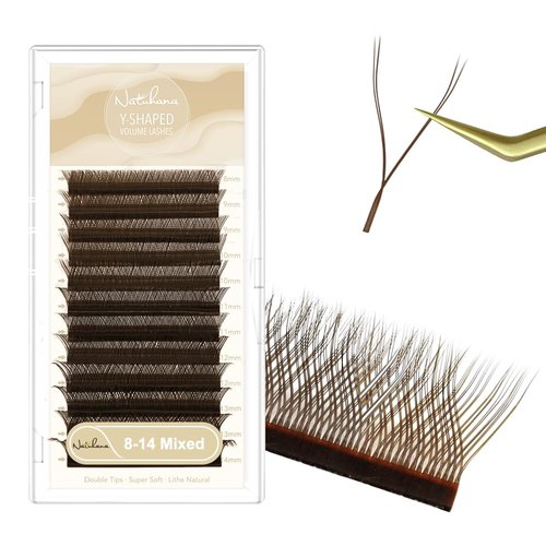NATUHANA YY Eyelashes Extension 0.07mm C Curl 8-14mm Mixed Tray Lashes Supplies Premade Fans Y Shape Volume Lash 12 Rows Premium Faux Mink Lashes Extensions (8-14 MIX, Brown;0.07 C)