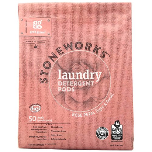 Grab Green Stoneworks Natural Laundry Detergent Powder Pods, Rose Petal, 50 loads