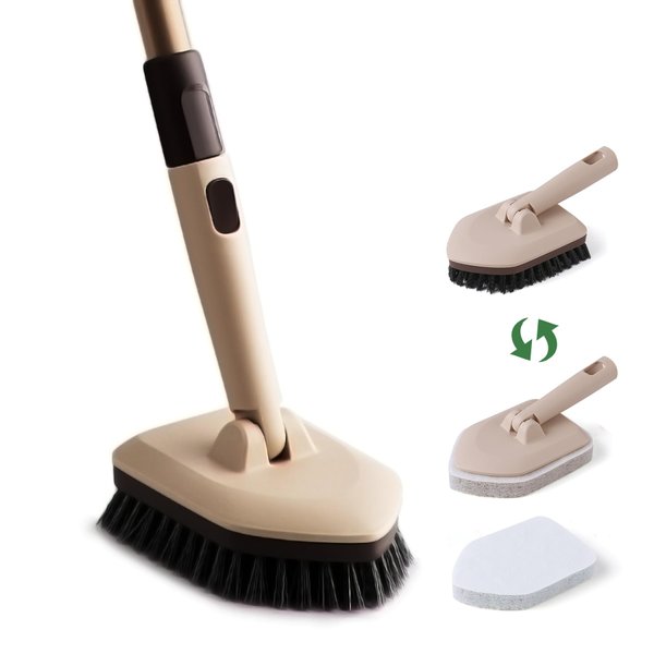 Eyliden Tub and Tile Scrubber Brush, 2 in 1 Floor Scrub Brush with Long Handle - 2 Scouring Pads & 1 Stiff Bristles Brush Head Cleaner Brushes, No Scratch Shower Brushes for Bath Kitchen Sink Toilet