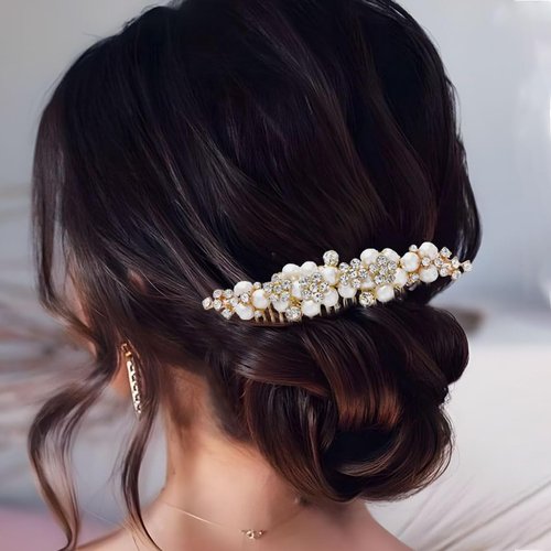 Asooll Bridal Hair Comb Gold Pearls Flower Hair Side Combs Crystal Hair Piece Wedding Hair Accessories for Women and Girls