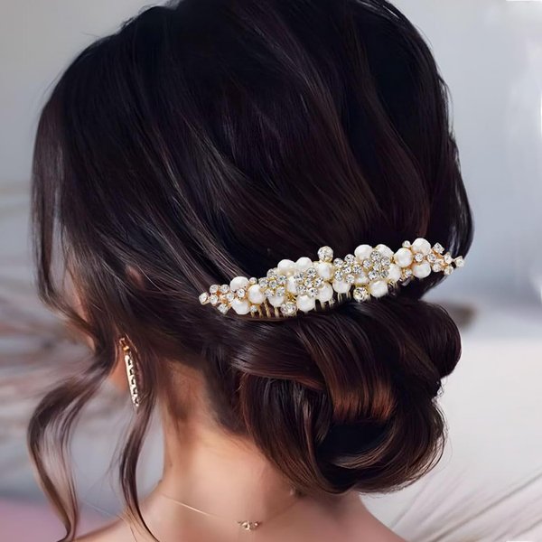 Asooll Bridal Hair Comb Gold Pearls Flower Hair Side Combs Crystal Hair Piece Wedding Hair Accessories for Women and Girls
