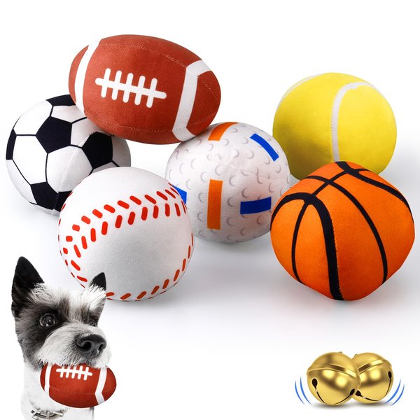 ShinyRelief 6 Pcs 4"-4.7" Puppy Dog Toy Ball with Bell Sound Sports Balls Set Interactive Plush Soccer Ball Basketball Baseball Tennis Ball Volleyball Football Dog Toy for Small and Medium Dogs