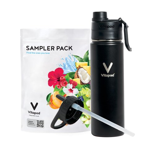 Vitapod Hydra+ Sampler Pack Water Enhancer Pods Starter Bundle, Water Flavoring, Sugar Free, Vitamin C, Vitamin D, Zinc, 20 Pods, 22 oz Stainless Steel Water Bottle, Black