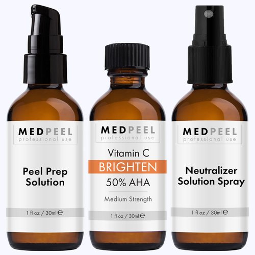 MedPeel 50% AHA & Vitamin C Brightening Essential Peel Kit, Includes Peel, Prep, Neutralizer, Medium Strength Professional Grade Chemical Face Peel, Minimize Fine Lines Wrinkles, 1oz/30ml (Kit of 3)