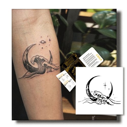 UBICA Temporary Tattoos Adult, 2 Sheets Fake Tattoos, Realistic And Long-Lasting Non-Reflective, Waterproof For 1-2 Weeks, Moon And Tides Tattoo 3x3in