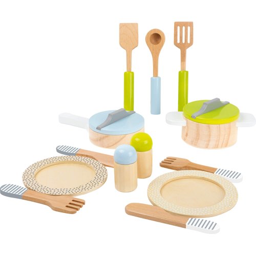 small foot wooden toys- Premium 15 Piece Kitchen Playset- Cooking and Dining Set Includes Pots, Plates and Utensils- Ideal for Toddlers 2+, Multi, (11098)