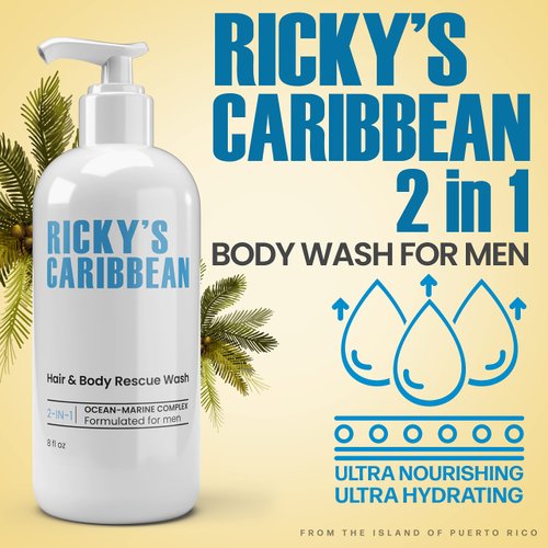RICKY’S 2 in 1 Body Wash for Men - Natural Hair and Body Wash – Ocean Minerals Hydrating and Nourishing wash – MSM Herbal, Aloe Vera, and Oil Extract Men’s Skin Care Shower and Shave Body wash