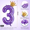 40 Inch Purple Number 3 & Mini Crown Balloon for Birthday Party Decorations, 3rd Birthday Party Decorations Purple Theme Party Balloons Decorations Supplies