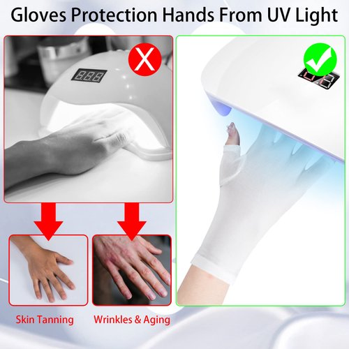 ANCIRS 2 Pairs UV Gloves for Gel Nail Lamp, Anti UV Fingerless Gloves for Nail Art DIY Accessories, Gel Manicure UV Shield Gloves for Hand Skin Care Protection- White