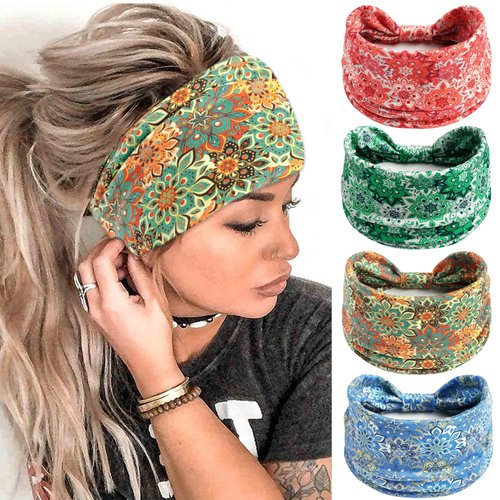 FULZTEY Wide Headbands for Women Floral Printed Boho Hairband Elastic Knotted Bandana Non Slip Workout Yoga Thick Turban Head Wrap Fashion Hair Accessories for Teen Girls 4Pcs