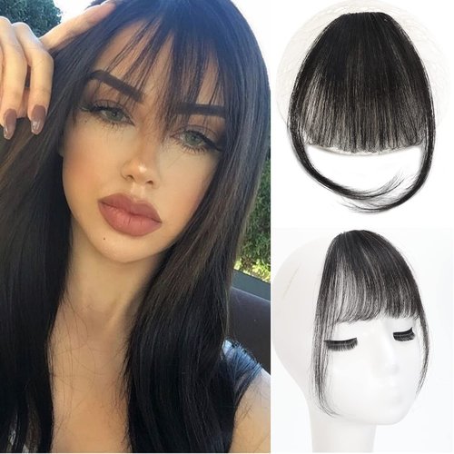 Berracy Bangs Hair Clip in Bangs 100% Real Human Hair Extensions Fake Wispy Bangs Fringe with Temples Curtain Flat Neat Front Air Hairpieces for Women Kids Daily Wear Black