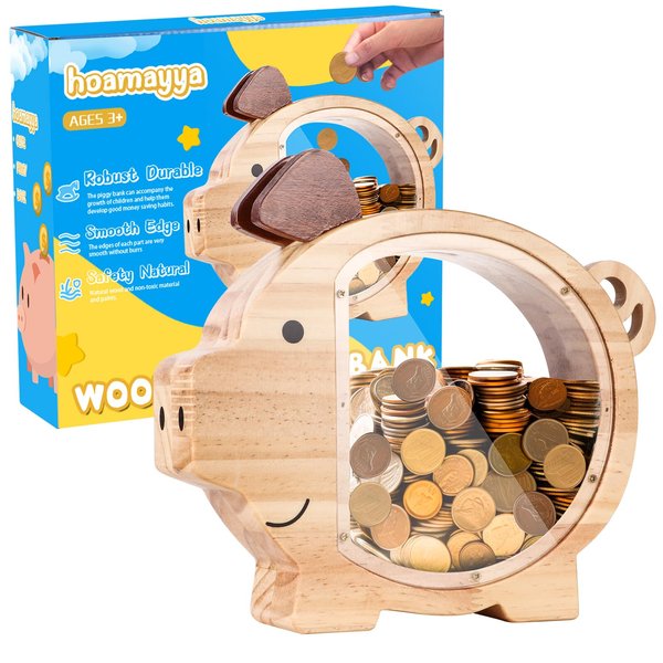 Wooden Piggy Bank for Kids, Hoamayya Cute Unique Money Bank for Boys Girls, Natural Wood Coin Bank, Creative Saving Money Jar Box Present for Child Birthday, Christmas, Easter, Festival Gift/Decor