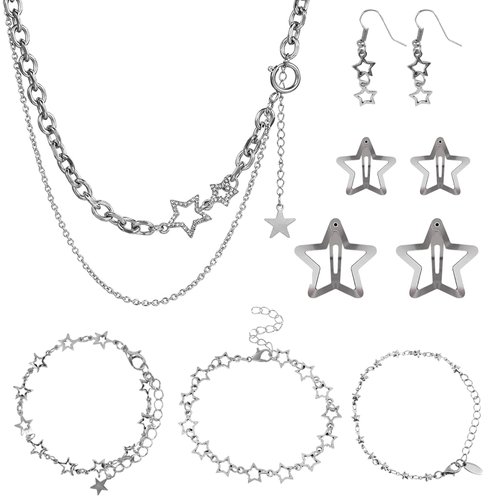 10Pcs Silver Jewelry Set with 1 PCS Y2K Star Necklace,3 PCS Bracelet, 2 PCS Earring,4 PCS Hair Clips Christmas Valentine Anniversary Birthday Jewelry Present for Women Girls
