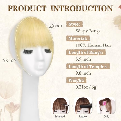 SOFEIYAN Clip in Bangs 100% Real Human Hair Extensions Clip On Wispy Bangs Air Bangs Fringe With Temples Hairpieces Blonde Natural Hair Clip in Hair Extension Curved French Bangs for Women Daily Wear