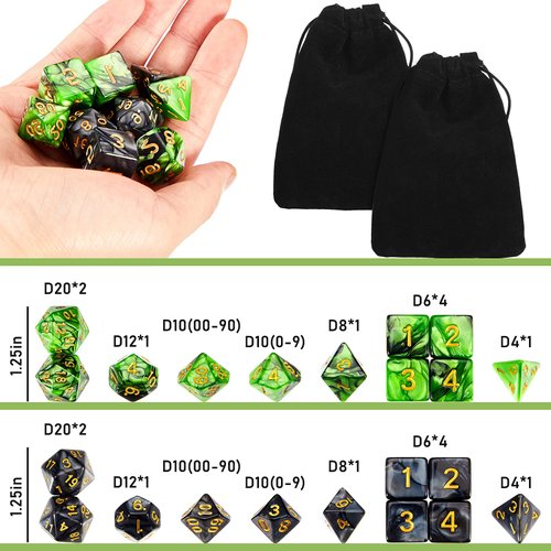 2 Set 11 Dice Polyhedral Dice Set Multisided Dice Set Smooth Touch with Drawstring Bag Compatible with RPG MTG Table Game Dice, 22 Pieces (Green, Black)