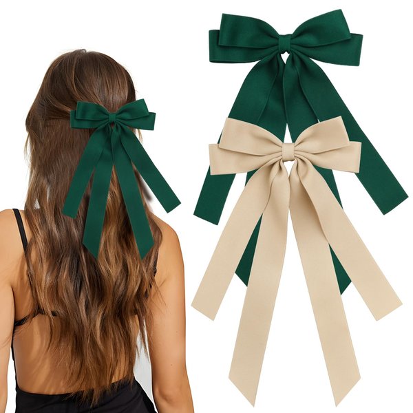 MIKONIKO Bow Hair Clips 2PCS Set for Women and Girls - Black White Ribbon Bows for Hair, with Long Tail, Alligator Clip (Green & Khaki)