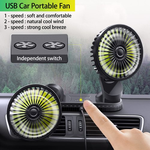 Car Cooling Fan,360° Adjustable Dual Head Cooling Air Fan Brushless Motor Low Noise Automobile Vehicle Fan Micro USB for Car/SUV/RV/Truck/Boat Use (without Coloured Light)