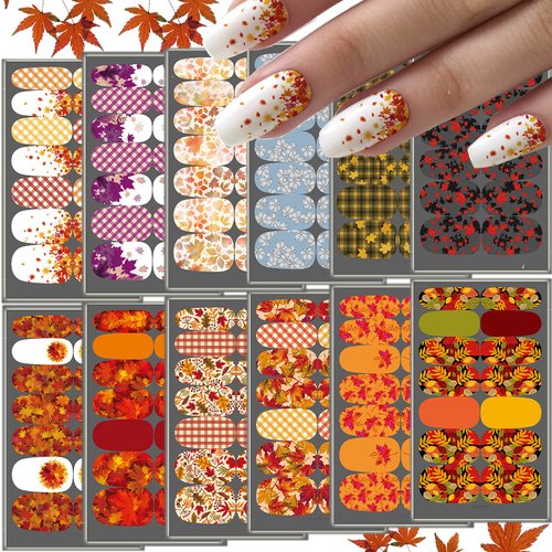 Gorvalin 12 Sheets Maple Leaf Fall Nail Wraps Stickers, Self-Adhesive Fall Nail Art Stickers Decals Nail Strips Polish Stickers for Women Girls Nail Design DIY Decoration