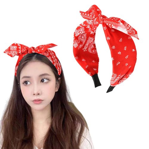 Red Bow Headband Paisley Bandana Headbands for Women Girls Bowknot Headband Bandana Hair Bands Boho Head Bands for Women's Hair Non Slip Knotted Bow Headband Rabbit Ear Headbands Bandana Hairband