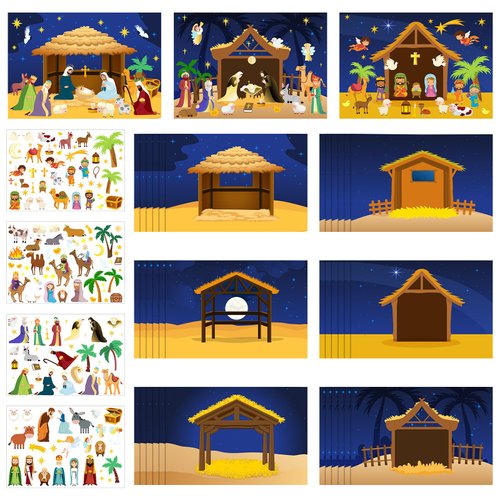 Cholemy 72 Pcs Christmas Nativity Stickers Make a Nativity Scene Sticker Kit for Kids Christmas Crafts DIY Jesus Birth Stickers Christian Cardboard Ornament for Xmas Supplies Religious Party Favor