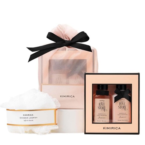 Kimirica Love Story Body Wash & Body Lotion Combo | Infused with Relaxing Aroma of Gardenia & Night Blooming Jasmine | Contains Shower Gel, Lotion, Loofah & A Reusable Potli