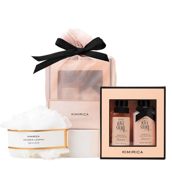 Kimirica Love Story Body Wash & Body Lotion Combo | Infused with Relaxing Aroma of Gardenia & Night Blooming Jasmine | Contains Shower Gel, Lotion, Loofah & A Reusable Potli