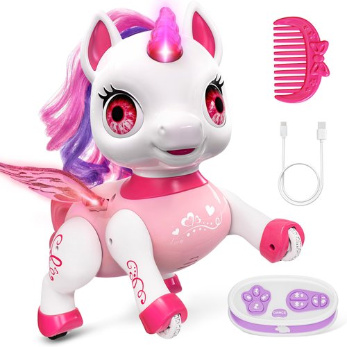 beefunni Unicorn Robot Toys for Girls, Birthday Gifts for Kids and Toddlers 3 4 5 6 7 8 Years Old, with LED Horn,LED Wings,Remote Control,Voice,Dancing Robot Rechargeable (Pink)