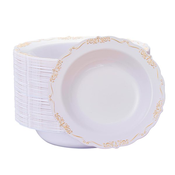 N9R 30 Pack Disposable Soup Bowls with Gold Relief, 12 Oz Fancy Plastic Soup Bowls for Holidays, Parties, Weddings, Catering and Everyday Use