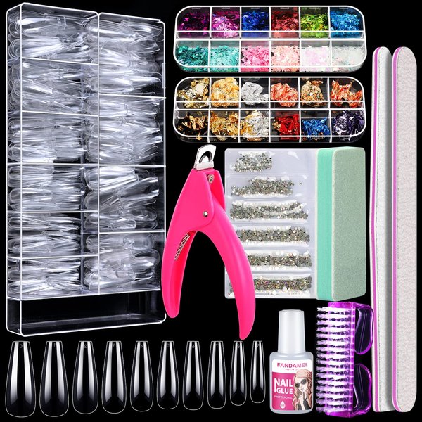 FANDAMEI Acrylic False Nail Tips kit, 600 PCS Full Cover Clear Fake Nail Tips with Nail Glue, Nail Butterfly Glitter, Nail Foil Chip, AB Nail Rhinestones,Nail Clipper,Nail File, Nail Brush,Nail Buffer